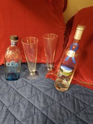 Pilsner Clear Glasses (2) With Cool Tequila And Colorado Vodka Bottles