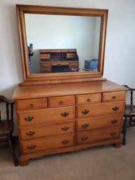 Vintage Early American Style Solid Rock Maple Dresser With Mirror 52'W X 19'D X 32.5' H X 69'H Mirror