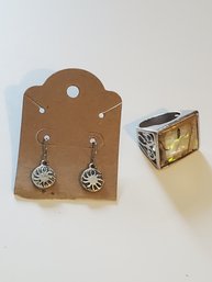 Silver Sun Design Earrings With Abalone Style Silver Ring