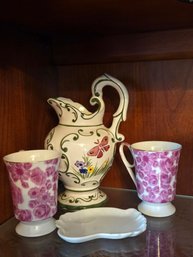 Cream Pitcher,  White Small Platter, Pink Floral Mugs