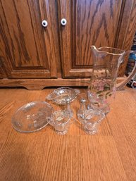 Glass Set Of 6 - Pitchers, S/p, Creamer, Sugar, Veggie Bowl, Platter