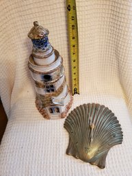 Click Brass Shell , Ceramic Lighthouse 11.5'h