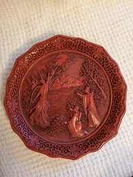 9' Vintage Cinnabar Plate 'dance Of The Peacock Maidens'