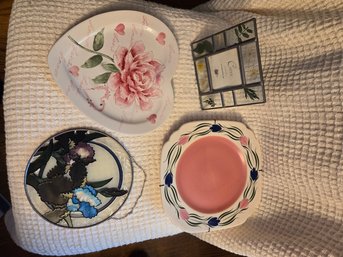 Home Decor: 2 Plates,  Stain Glass, Pressed Floral Frame