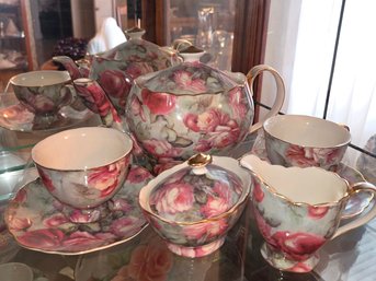 Pink Floral Design Tea Pot, 2-Cup & Saucer, Creamer, Sugar Set