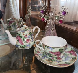 Glass Angel Decor,  Tea Pot & Cup Floral