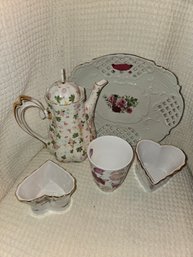 China/ceramic Set Of 5 - (2) Heart Bowls, Tea Pot, Cup, Platter