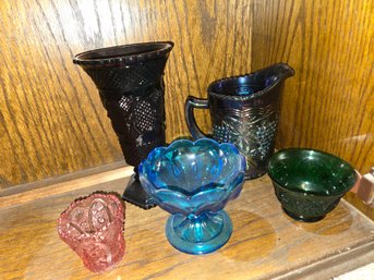 Set Of 5 Vintage Glasse Pieces - Vase, Pitcher, Bowls, Candle Holder