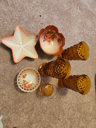 Amber Set Of 7 - 3 Glasses,  (3) Plates, Mini Vase