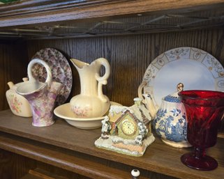 Shelf #3 - Glass Vase,  Pitcher,  Plates, Clock