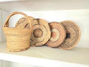 Basket And Set Of 5 Wicker Platters
