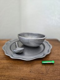 Pewter Style Bowl. Plate. Spoon