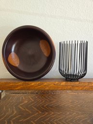 Wooden Bowl And Black Metal Candle Holder