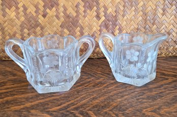 Glass Etched Creamer And Sugar Bowl