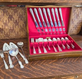 Rogers Silverware Set With Wooden Case Silver Plated