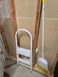 White Metal Step Stool And Broom