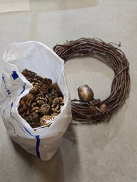 Twig Wreath With Bell And Pine Cone Bag