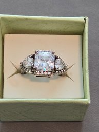 Ring CZ Square 3 Stones #13 Silver Tone Sz 6