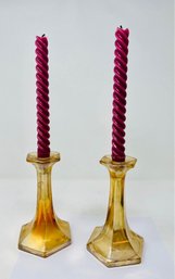 Two Crystal Candlestick Holders And Candle