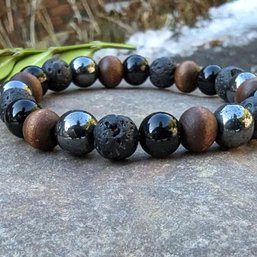 New Men's Size Hematite Wood Authentic Crystal Bracelet