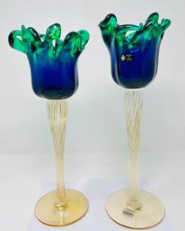 Vintage Pair Of VENETIAN MURANO Blue And Green Glass Candlesticks Candle Holders - Set Of 2