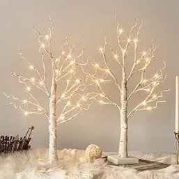 Two New White Birch Trees With LED Lights - Set Of 2, LED Tabletop Tree With Timer, Xmas Decor