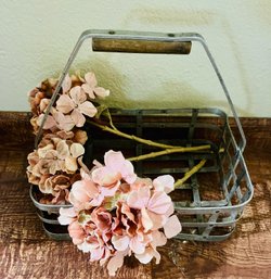 Vintage Silver Basket With 3 Pink Faux Flowers