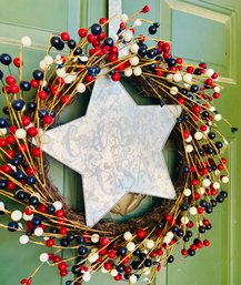 Red Blue And White Wreath With 'God Bless The USA' Tin Metal Star