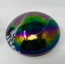 Vintage Irridescent Black Glass Rainbow Swirl Mirrored Paperweight