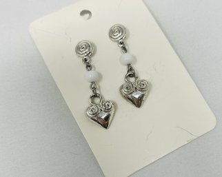 Vintage Silver And White Heart Earrings