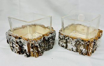 Two Snow And Wood Glass Candle Holders