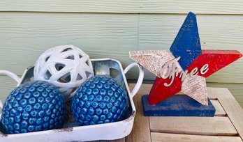 White And Blue Ball Decor In White Metal Basket And Wood 'Free' Star