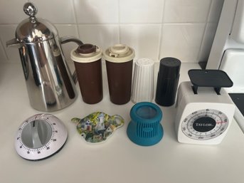 Kitchen Items - Silver Teapot, Salt And Pepper Shakers, Timer, Scale, Etc.