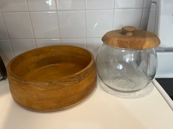 Large Wood Bowl And Glass Canister With Lid