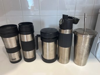 5 Steel Coffee Mugs, Starbucks, Sharper Image, Etc