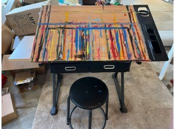 Metal Art Desk With Two Drawers  Stool