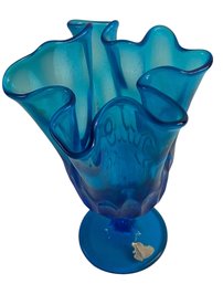 Vintage Fenton Colonial Blue Glass Handkerchief Vase Thumprint Pattern