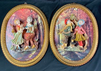 Pair Vintage Empire  3 Dimensional Oval Framed Italian Mid Century Plaques.