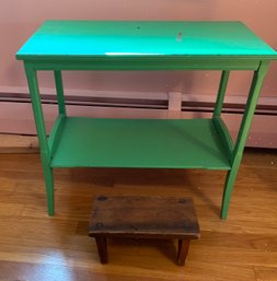 Green Painted Shelf & Primitive Foot Stool