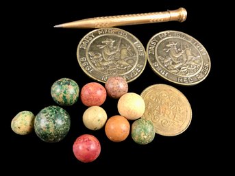 Small Number Of Clay Marbles, 3 Metal Tokens, Wahl Ever Sharp Gold Filled Mechanical Pencil.