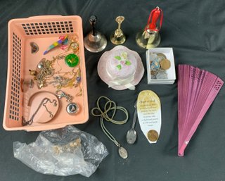 Assorted Decorative Items, Bells, Jewelry & More