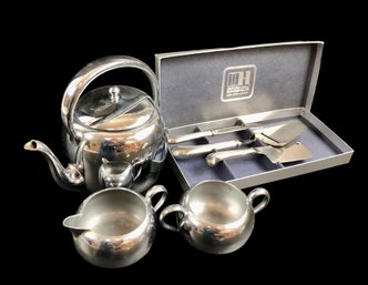 Keystone Chrome Plated Tea Pot Cream And Sugar, Oxford Hall Stainless Cheese Serving Set