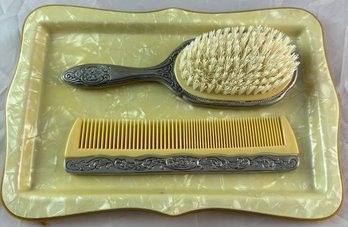 Vintage Celluloid Dresser Tray/ Silver Plated Brush & Comb Set
