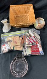 Vintage Ashtrays And Matchbooks  In A Basket