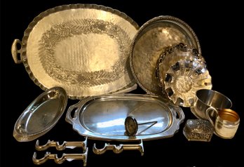 Large Lot Of Metal Trays, Dishes & Other Metal Objects