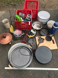 Large Lot Of Household Items, Pots, Kitchen Items, Pizza Pans, With Two Milk Crates