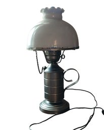 Colonial Style Pewter Colored Metal Lamp With Blue Milk Glass Shade