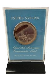 Franklin Mint 1970 Sterling Silver UN Medal In Lucite