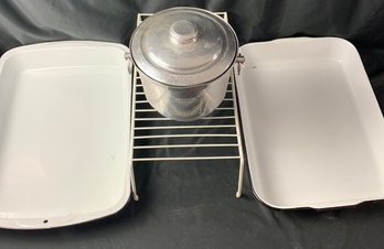 2 Enamel Roasting  Pans &  Aluminum MCM Ice Bucket