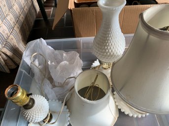 Hobnail Milk Glass Lamps -2 With Silk Shades,  1  With Glass Chimney